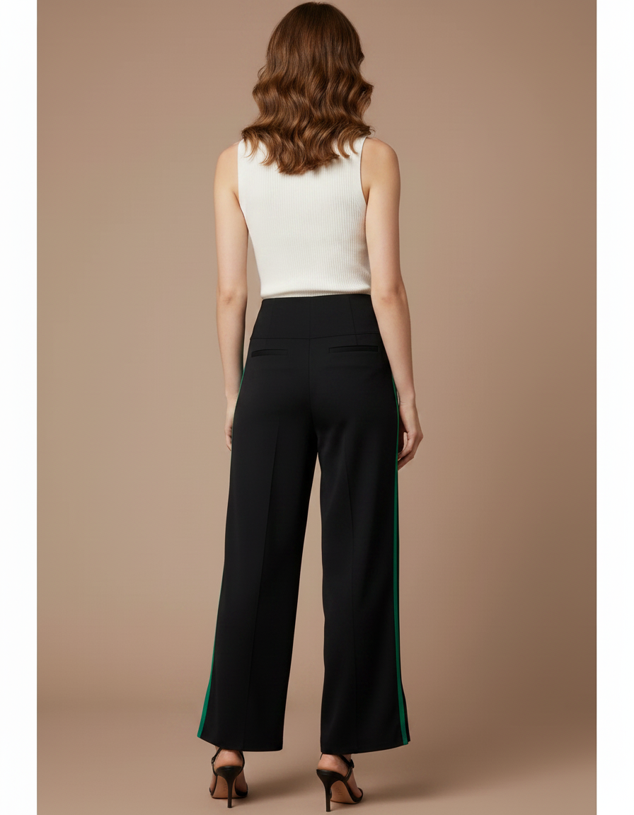 Pantalon Fluide Noir Ample Bande Verte Élégant - Polyester - vue 2