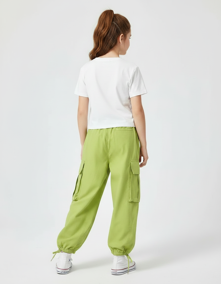 Pantalon Fluide Vert Ample Cargo Cordon Fille - Coton - vue 2