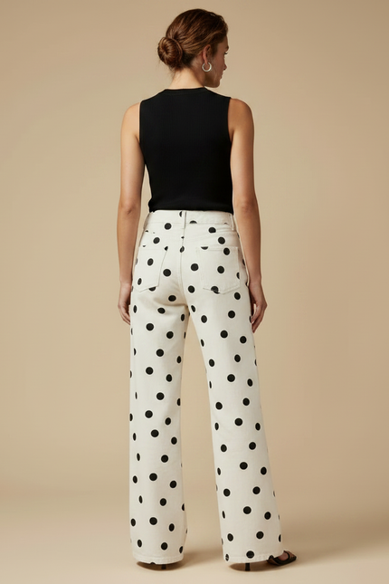 Pantalon Fluide Blanc Ample Pois Noir Femme - Jean - vue 2