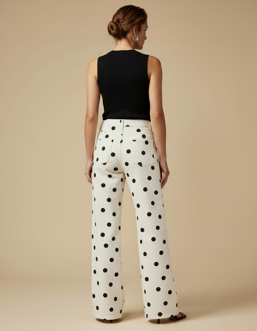 Pantalon Fluide Blanc Ample Pois Noir Femme - Jean - vue 2