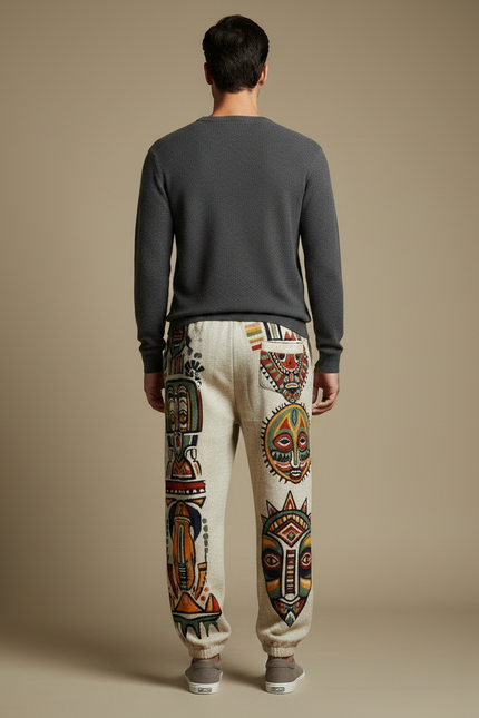 Pantalon Fluide Écru Ample Ethnique Masques Africains Homme - Beige Maille - vue 2