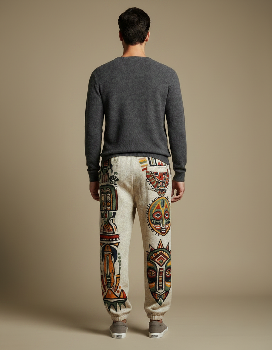 Pantalon Fluide Écru Ample Ethnique Masques Africains Homme - Beige Maille - vue 2