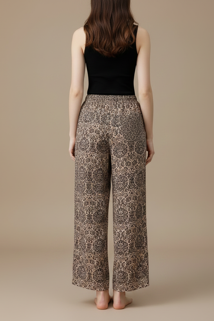 Pantalon Fluide Imprimé Floral Ample Beige Cordon - Viscose - vue 2