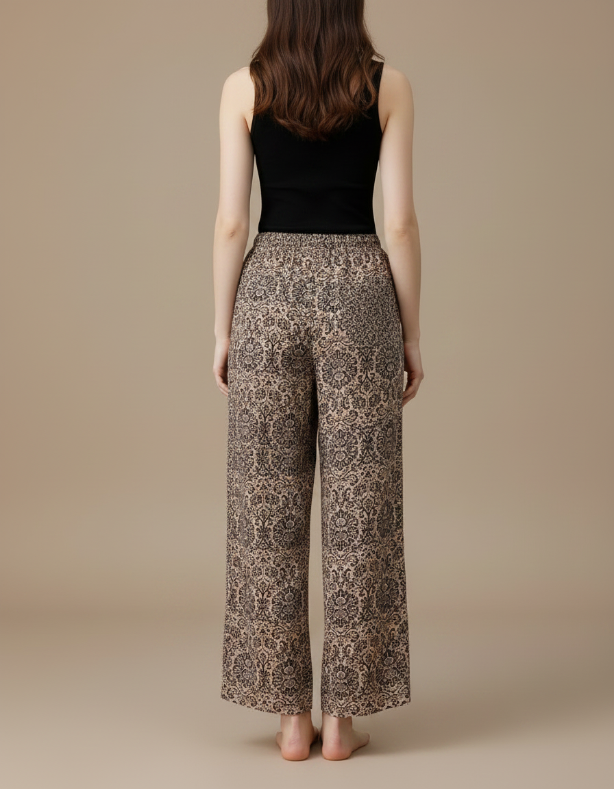 Pantalon Fluide Imprimé Floral Ample Beige Cordon - Viscose - vue 2