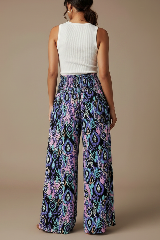 Pantalon Fluide Imprimé Ethnique Ample Bohème Femme - Multicolore Viscose - vue 2