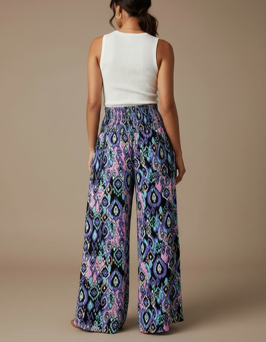 Pantalon Fluide Imprimé Ethnique Ample Bohème Femme - Multicolore Viscose - vue 2