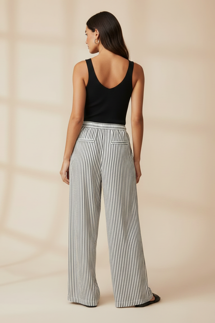 Pantalon Fluide Rayé Noir Blanc Ample Cordon Décontracté - Multicolore Lin - vue 2
