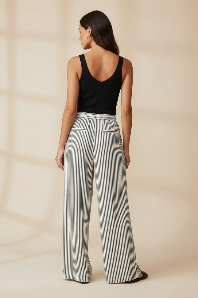 Pantalon Fluide Rayé Noir Blanc Ample Cordon Décontracté - Multicolore Lin - vue 2
