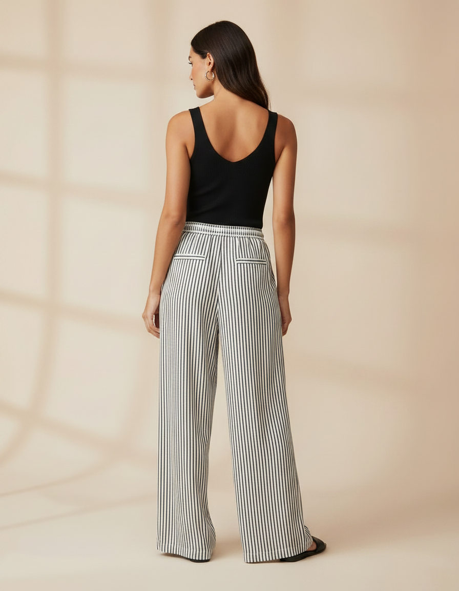 Pantalon Fluide Rayé Noir Blanc Ample Cordon Décontracté - Multicolore Lin - vue 2
