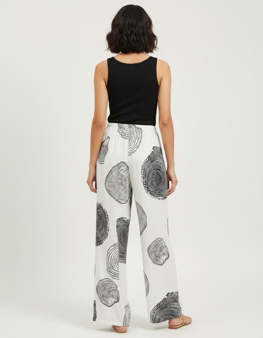 Pantalon Fluide Blanc Imprimé Abstrait Ample Décontracté Femme - Viscose - vue 2