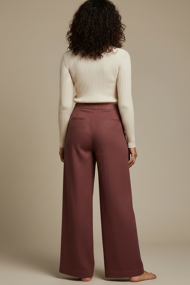Pantalon Fluide Brique Large Lin Chic Femme - Bordeaux - vue 2