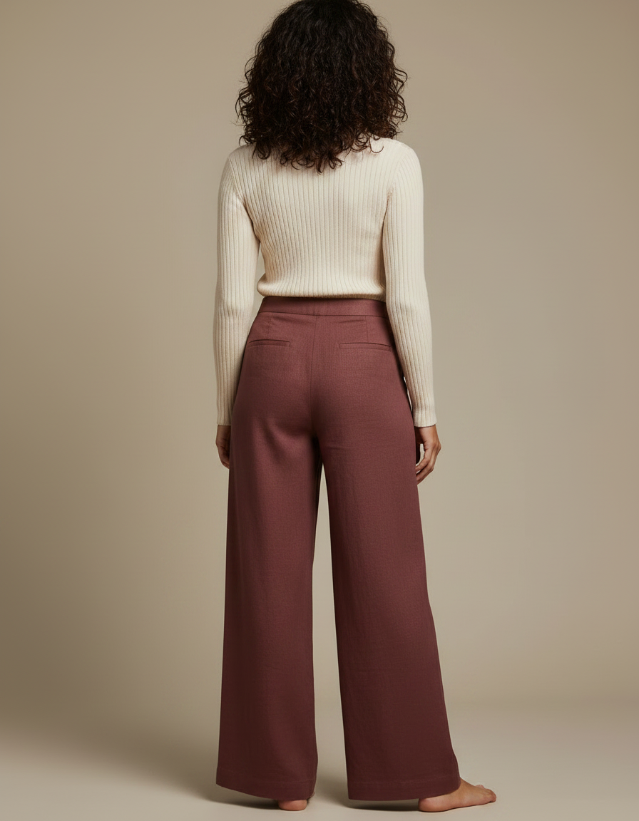 Pantalon Fluide Brique Large Lin Chic Femme - Bordeaux - vue 2