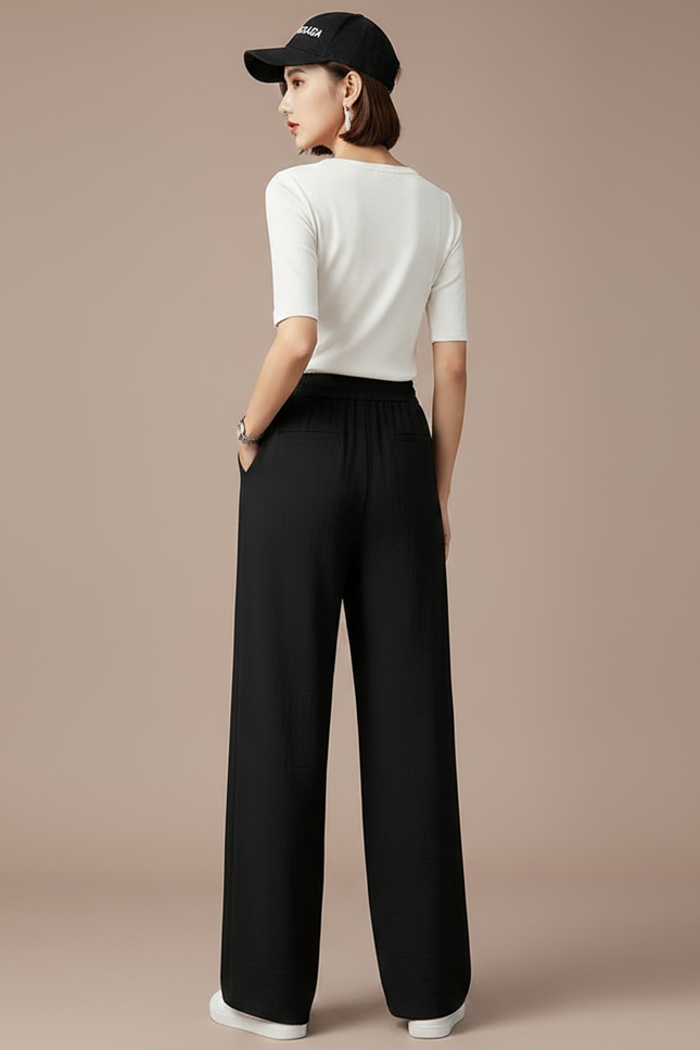 Pantalon Fluide Femme Noir Palazzo Viscose Chic Été 3 - vue 2