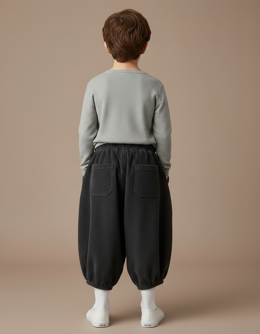 Pantalon Fluide Côtelé Gris Ample Rétro Enfant - Cordé - vue 2