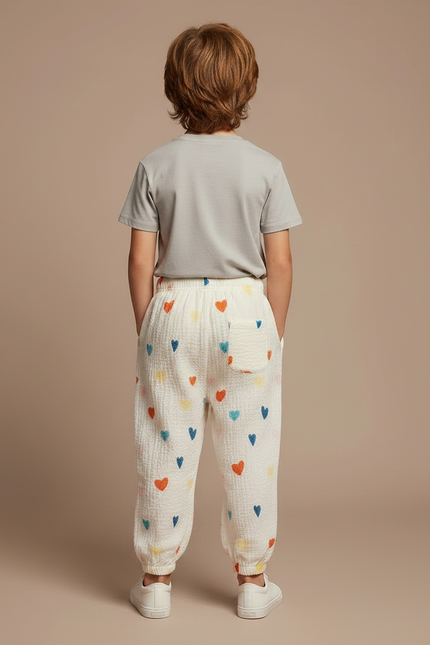 Pantalon Fluide Écru Cœurs Colorés Léger Enfant - Multicolore Coton - vue 2