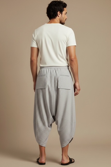 Pantalon Fluide Gris Rayé Plissé Ample Décontracté Homme - Lin - vue 2