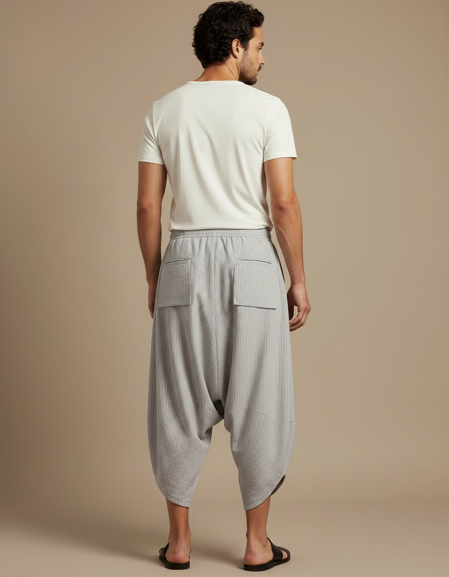 Pantalon Fluide Gris Rayé Plissé Ample Décontracté Homme - Lin - vue 2