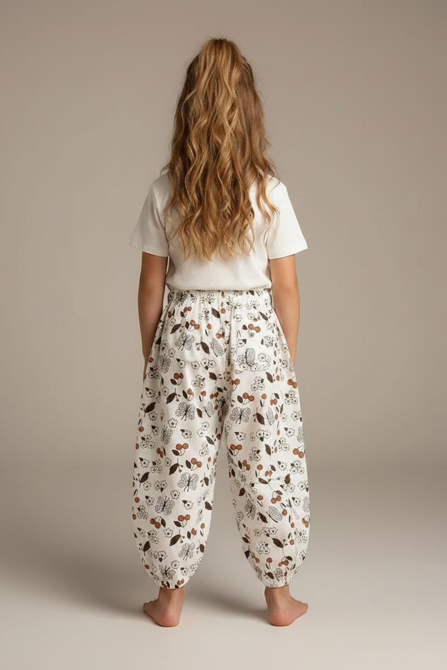 Pantalon Fluide Écru Ample Imprimé Papillons Cerises - Beige Coton - vue 2