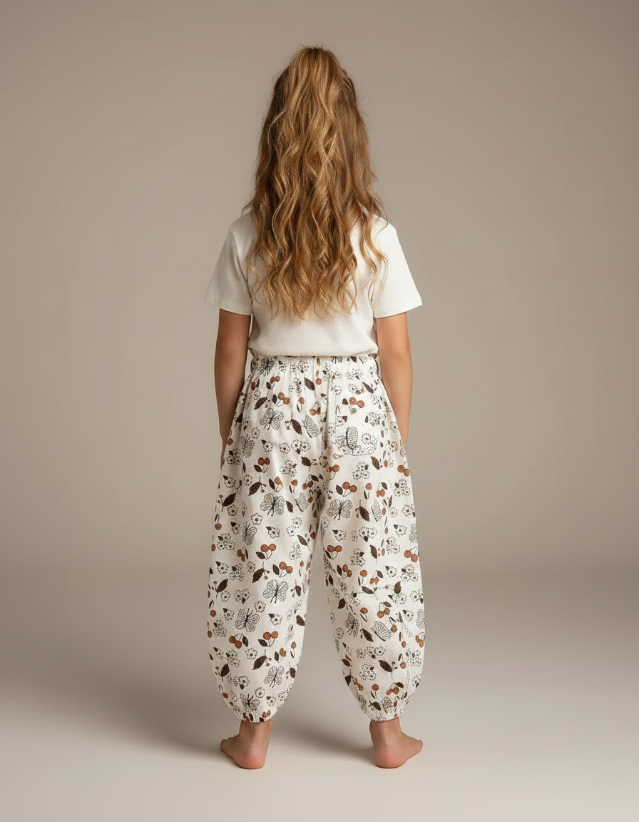 Pantalon Fluide Écru Ample Imprimé Papillons Cerises - Beige Coton - vue 2