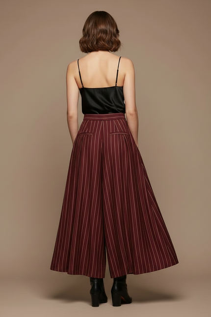 Pantalon Fluide Rayé Taille Haute Ample Élégant Femme - Bordeaux Viscose - vue 2