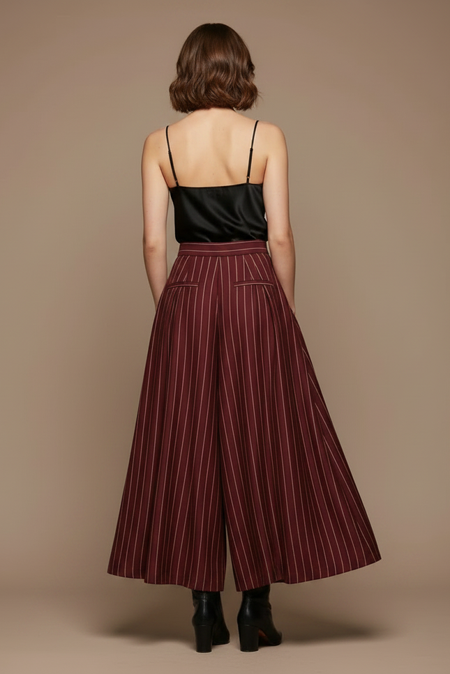 Pantalon Fluide Rayé Taille Haute Ample Élégant Femme - Bordeaux Viscose - vue 2
