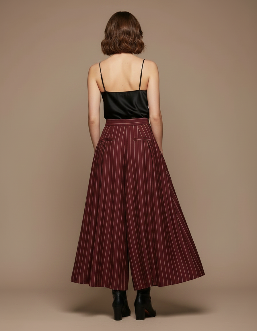 Pantalon Fluide Rayé Taille Haute Ample Élégant Femme - Bordeaux Viscose - vue 2