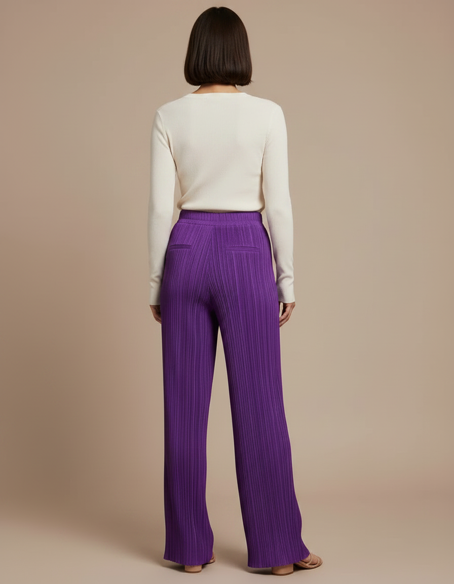 Pantalon Fluide Plissé Violet Ample Élégant Femme - Polyester - vue 2
