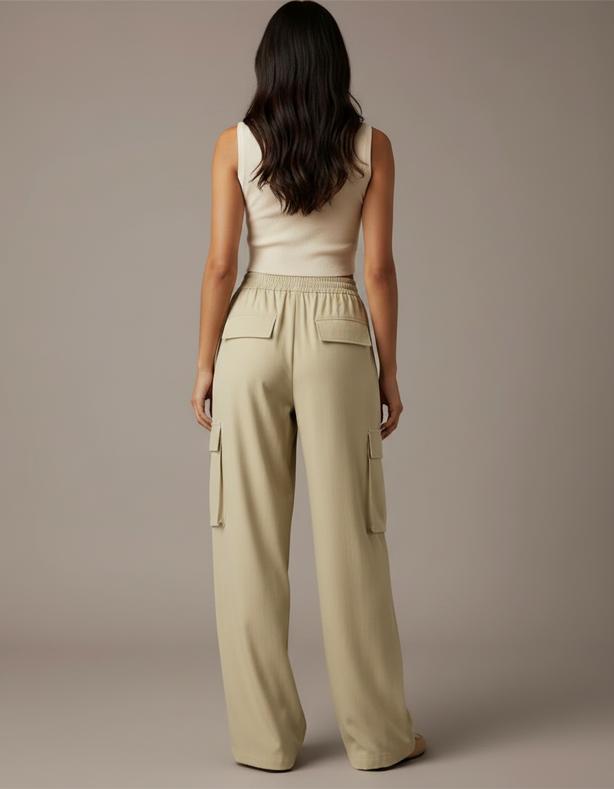 Pantalon Fluide Cargo Ample Vert Kaki Femme - Polyester - vue 2