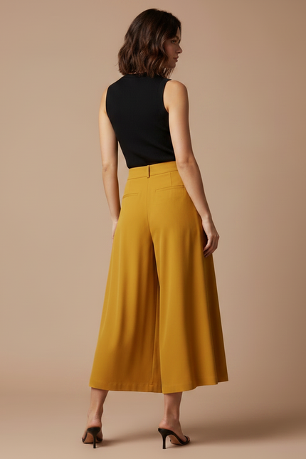 Pantalon Fluide Ample Jaune Ocre Taille Haute Élégant - Viscose - vue 2