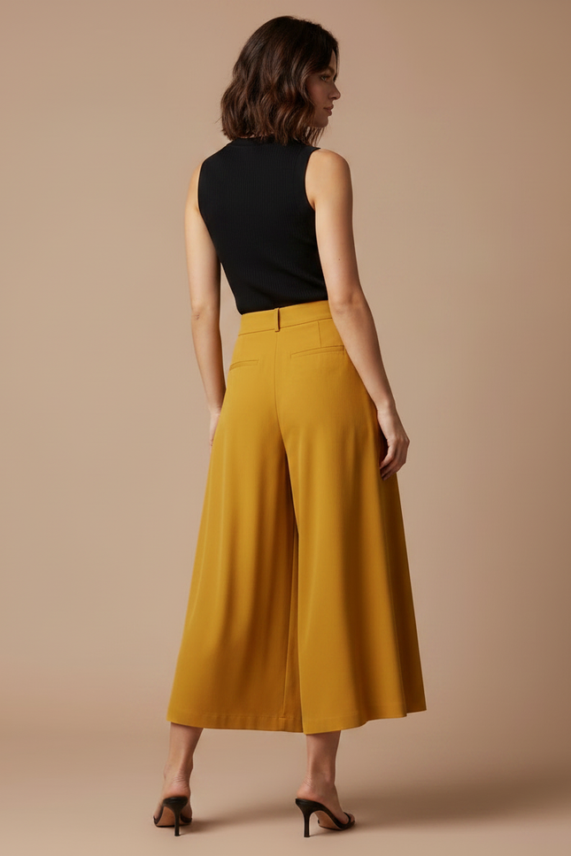 Pantalon Fluide Ample Jaune Ocre Taille Haute Élégant - Viscose - vue 2