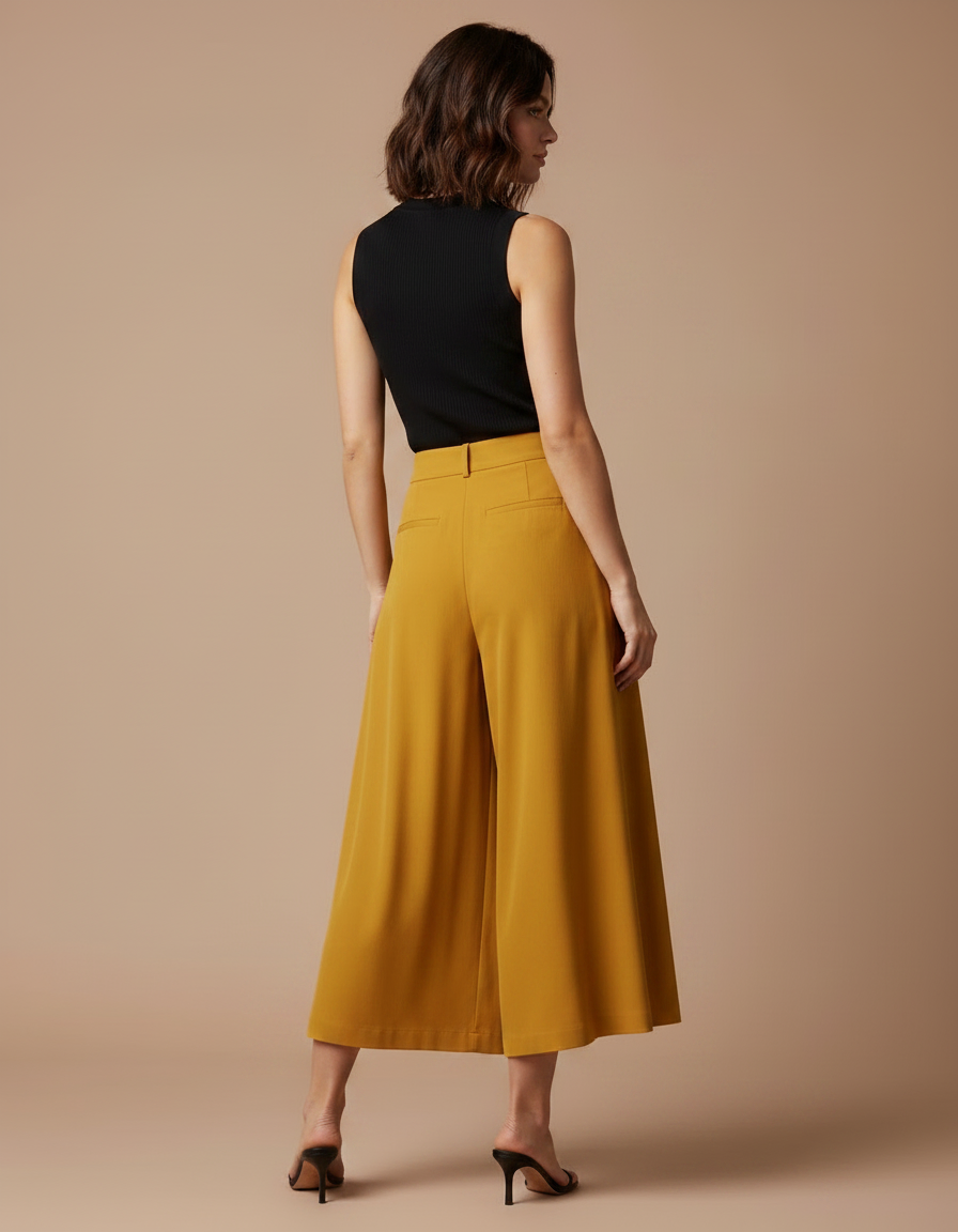 Pantalon Fluide Ample Jaune Ocre Taille Haute Élégant - Viscose - vue 2