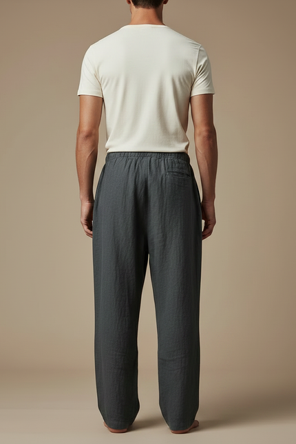 Pantalon Fluide Gris Lin Ample Cordon Décontracté Homme - vue 2