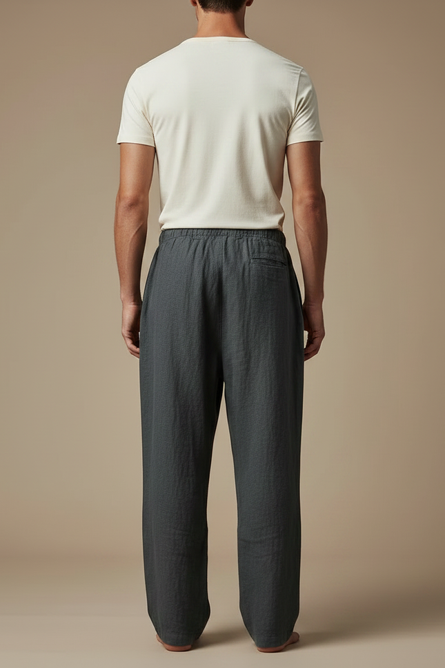 Pantalon Fluide Gris Lin Ample Cordon Décontracté Homme - vue 2