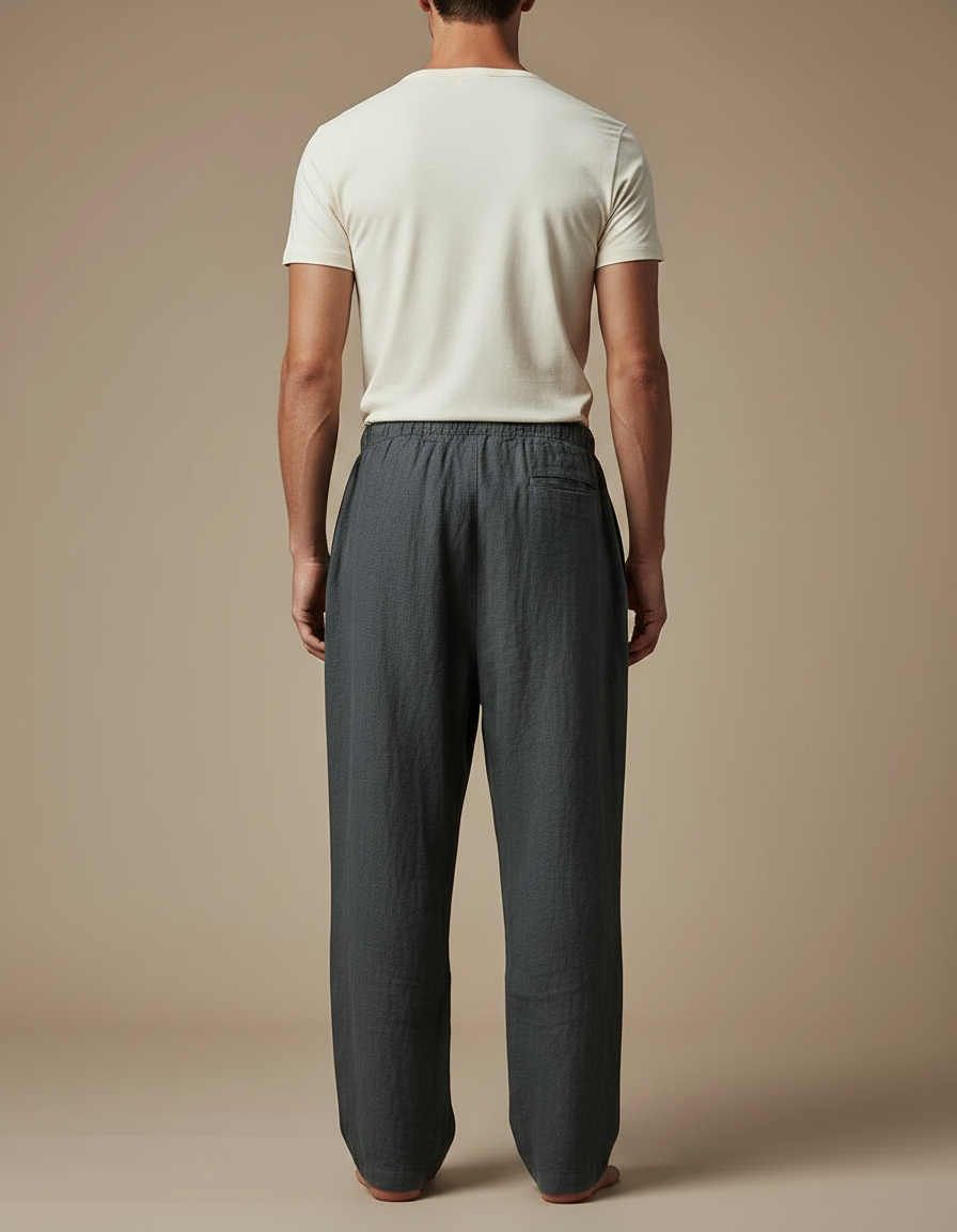 Pantalon Fluide Gris Lin Ample Cordon Décontracté Homme - vue 2