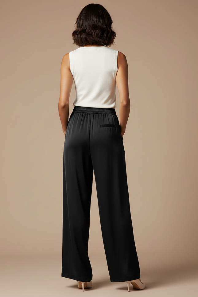 Pantalon Fluide Noir Ample Satiné Élégant Femme - vue 2