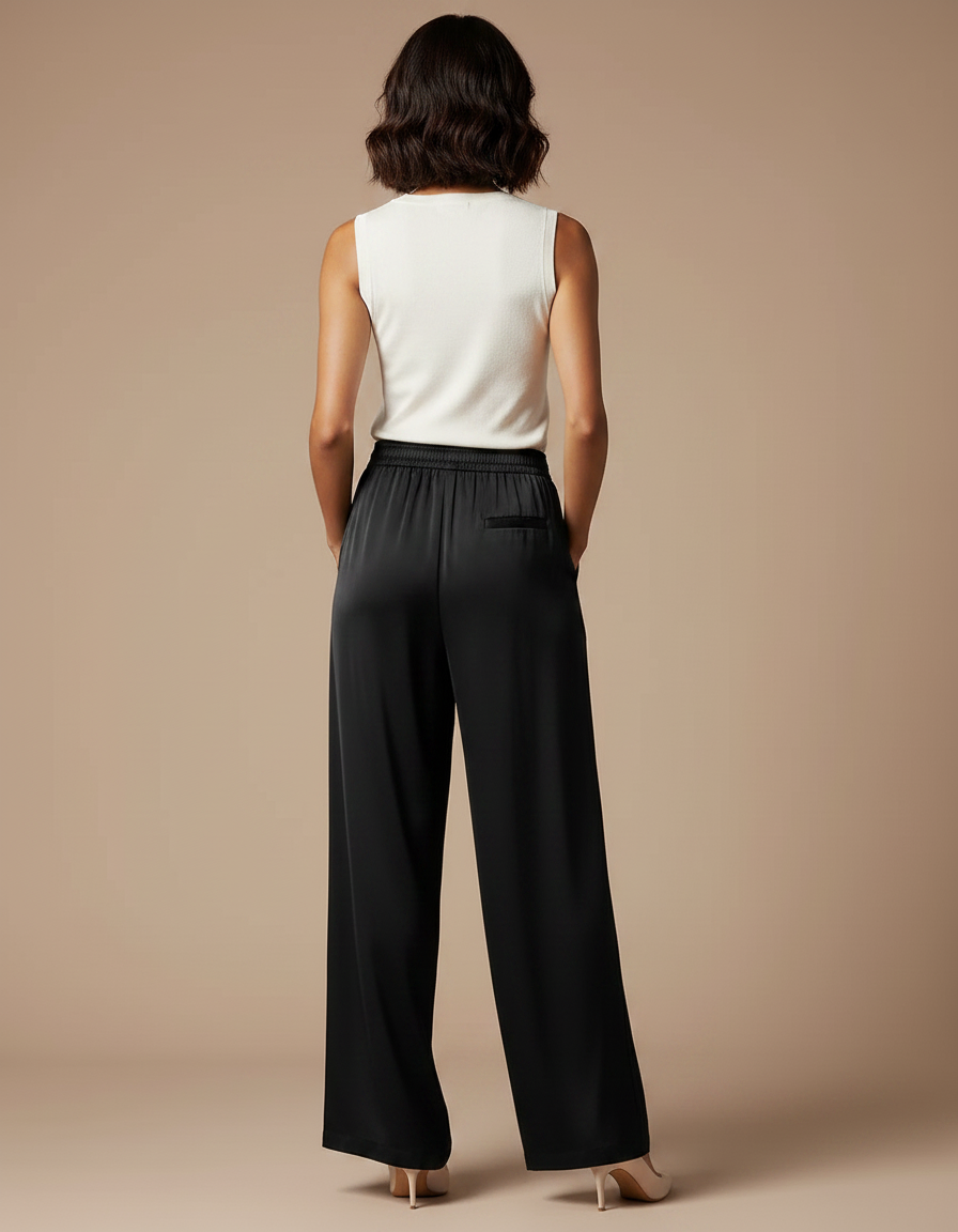 Pantalon Fluide Noir Ample Satiné Élégant Femme - vue 2