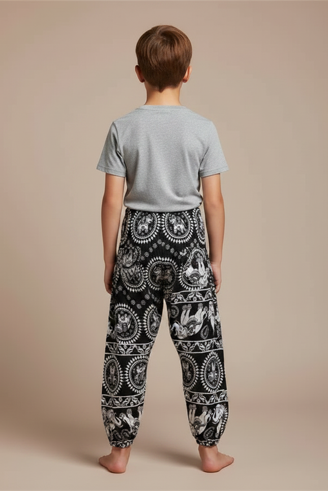 Pantalon Fluide Noir Imprimé Éléphants Ample Coton Enfant - vue 2