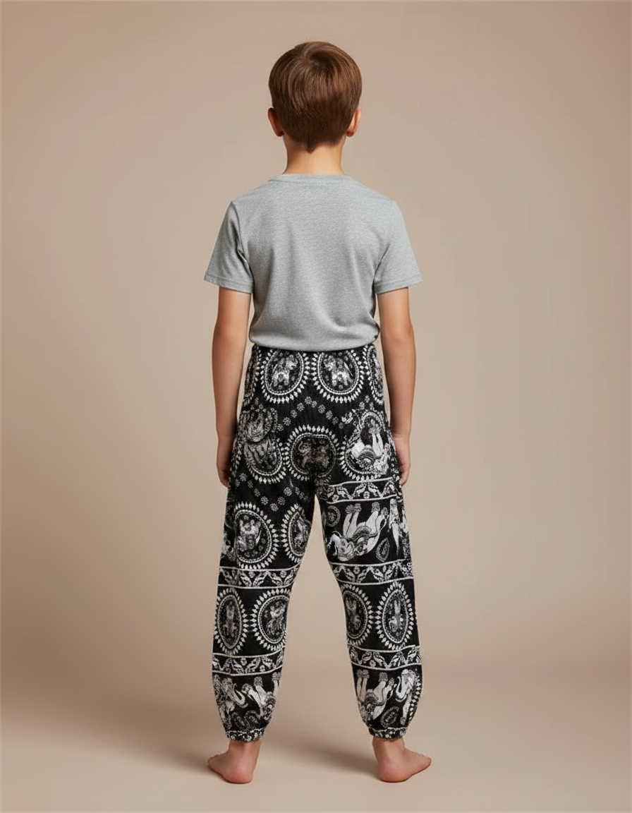 Pantalon Fluide Noir Imprimé Éléphants Ample Coton Enfant - vue 2