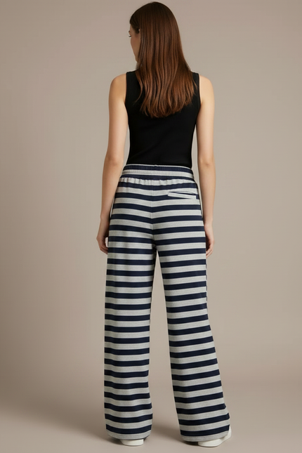 Pantalon Fluide Rayé Large Décontracté Bleu Marine - Molleton - vue 2