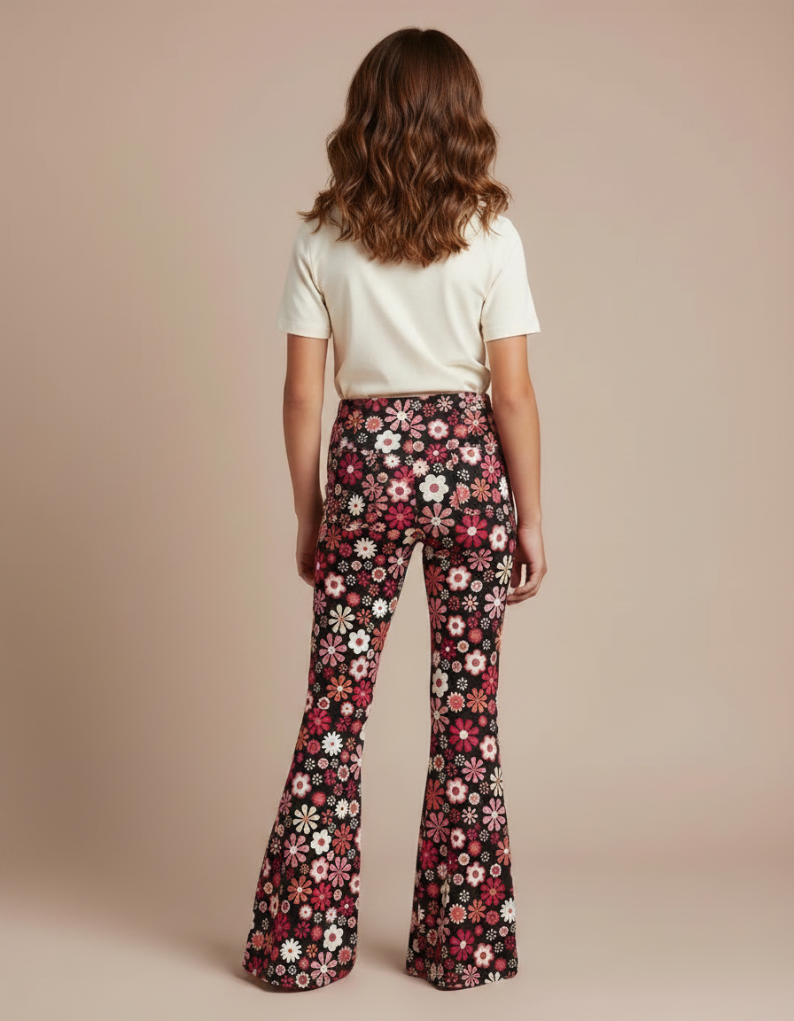 Pantalon Fluide Évasé Floral Noir Confortable Fille - Maille - vue 2