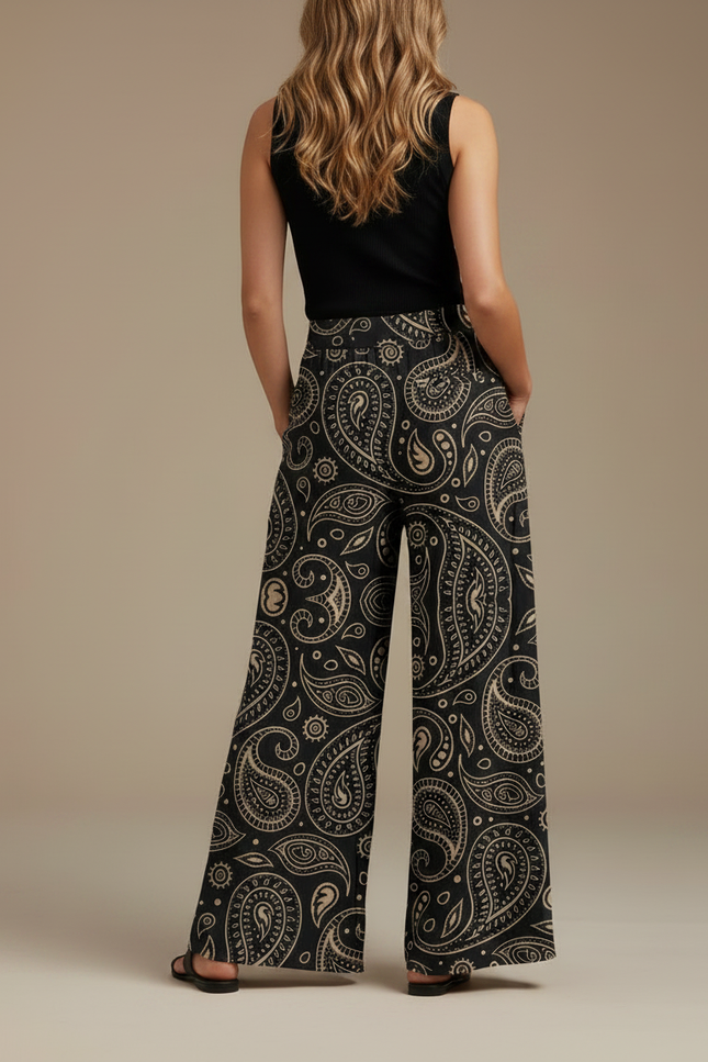 Pantalon Fluide Noir Ample Imprimé Paisley Chic - Viscose - vue 2