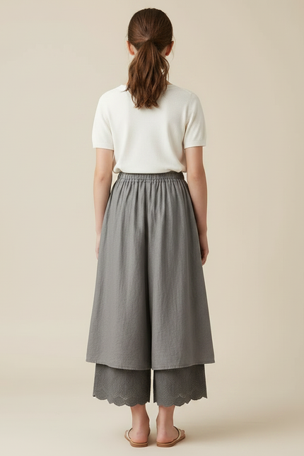Pantalon Fluide Gris Ample Superposé Brodé Fille - Lin - vue 2