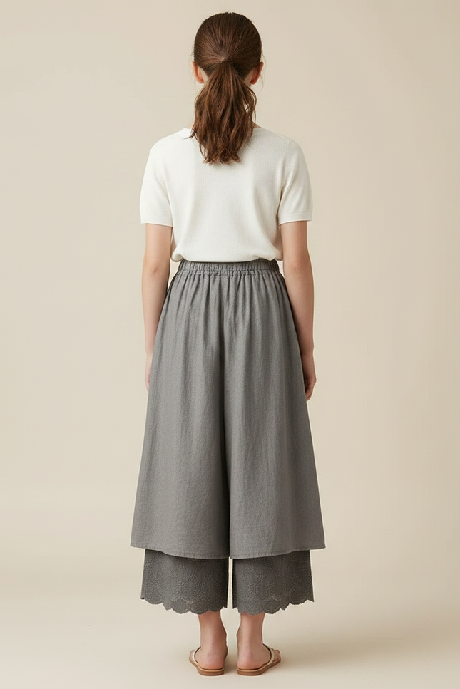 Pantalon Fluide Gris Ample Superposé Brodé Fille - Lin - vue 2