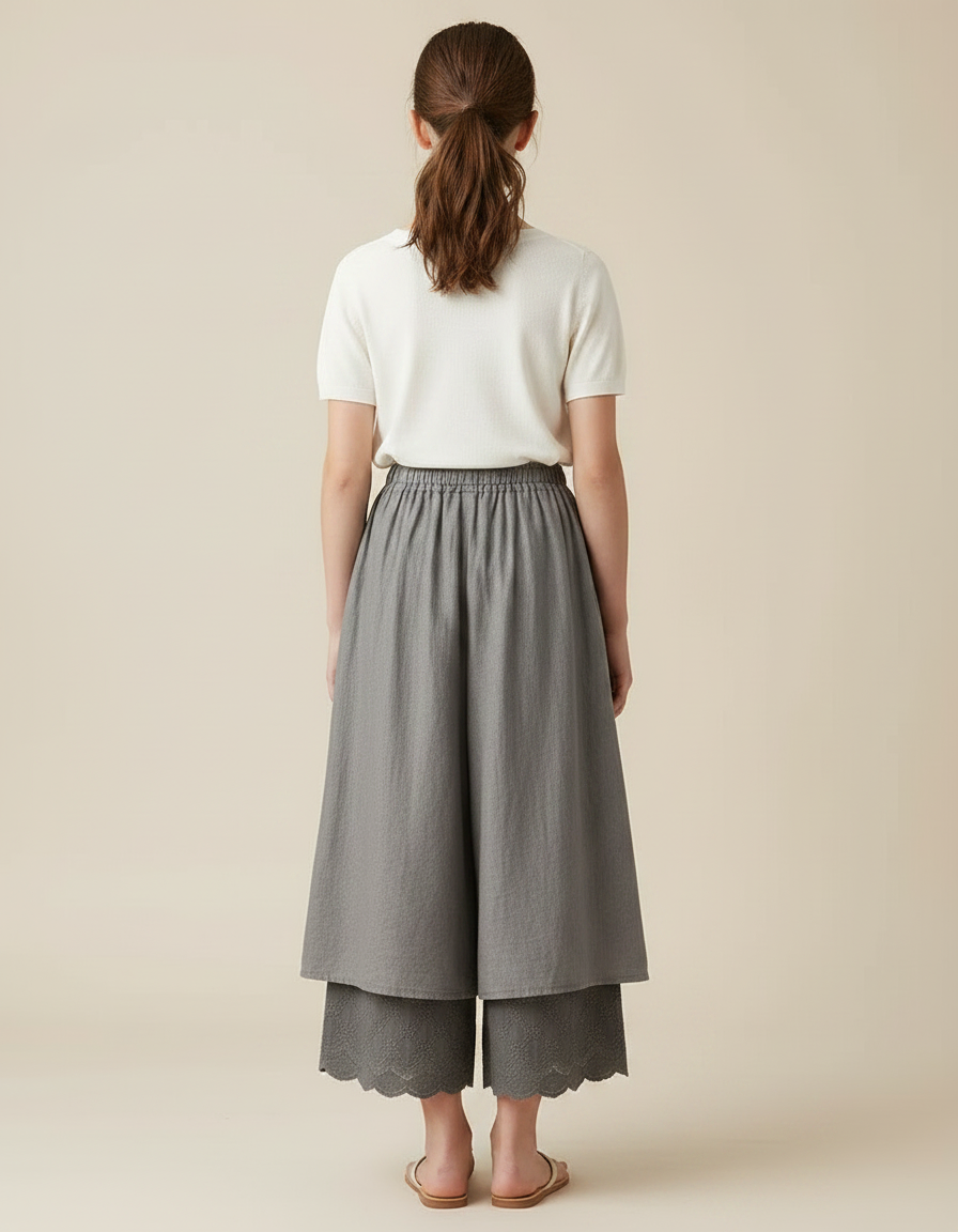 Pantalon Fluide Gris Ample Superposé Brodé Fille - Lin - vue 2