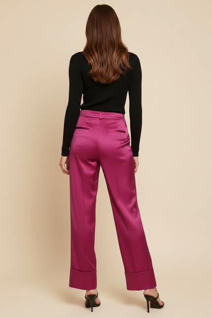Pantalon Fluide Satiné Fuchsia Ample Élégant Femme - Rose - vue 2