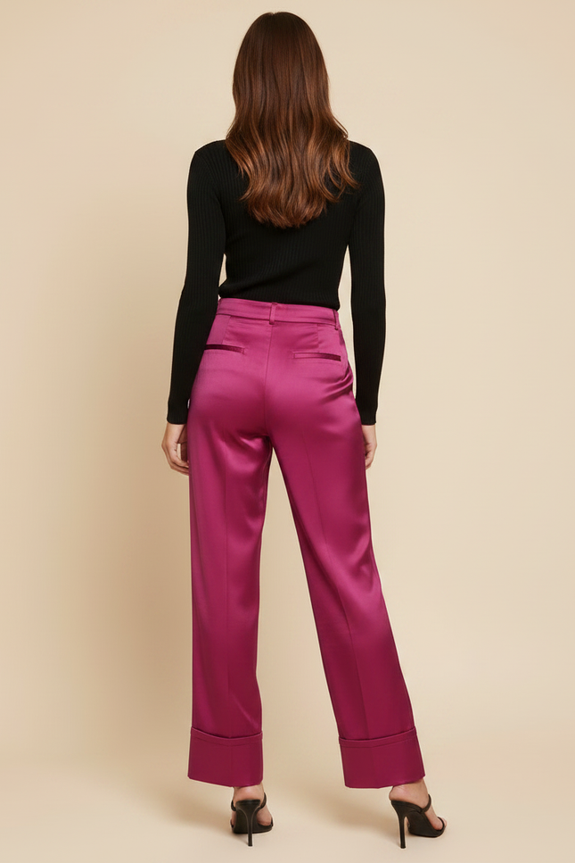 Pantalon Fluide Satiné Fuchsia Ample Élégant Femme - Rose - vue 2