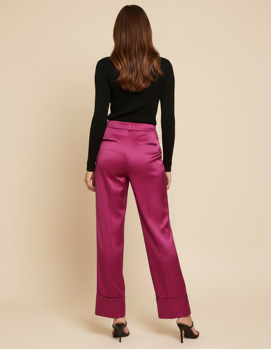 Pantalon Fluide Satiné Fuchsia Ample Élégant Femme - Rose - vue 2
