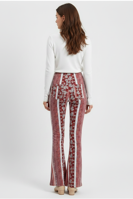 Pantalon Fluide Évasé Imprimé Bohème Rouge Confortable - Bordeaux Maille - vue 2