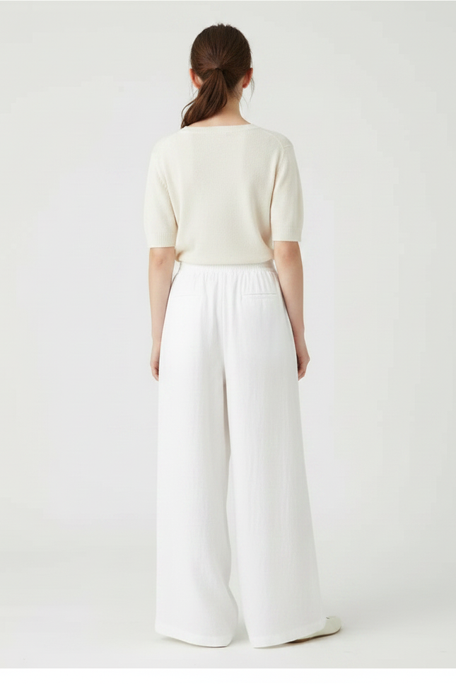 Pantalon Fluide Blanc Ample Coton Lin Taille Haute - vue 2