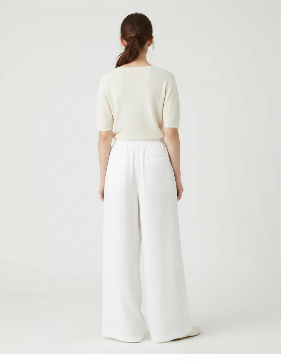 Pantalon Fluide Blanc Ample Coton Lin Taille Haute - vue 2
